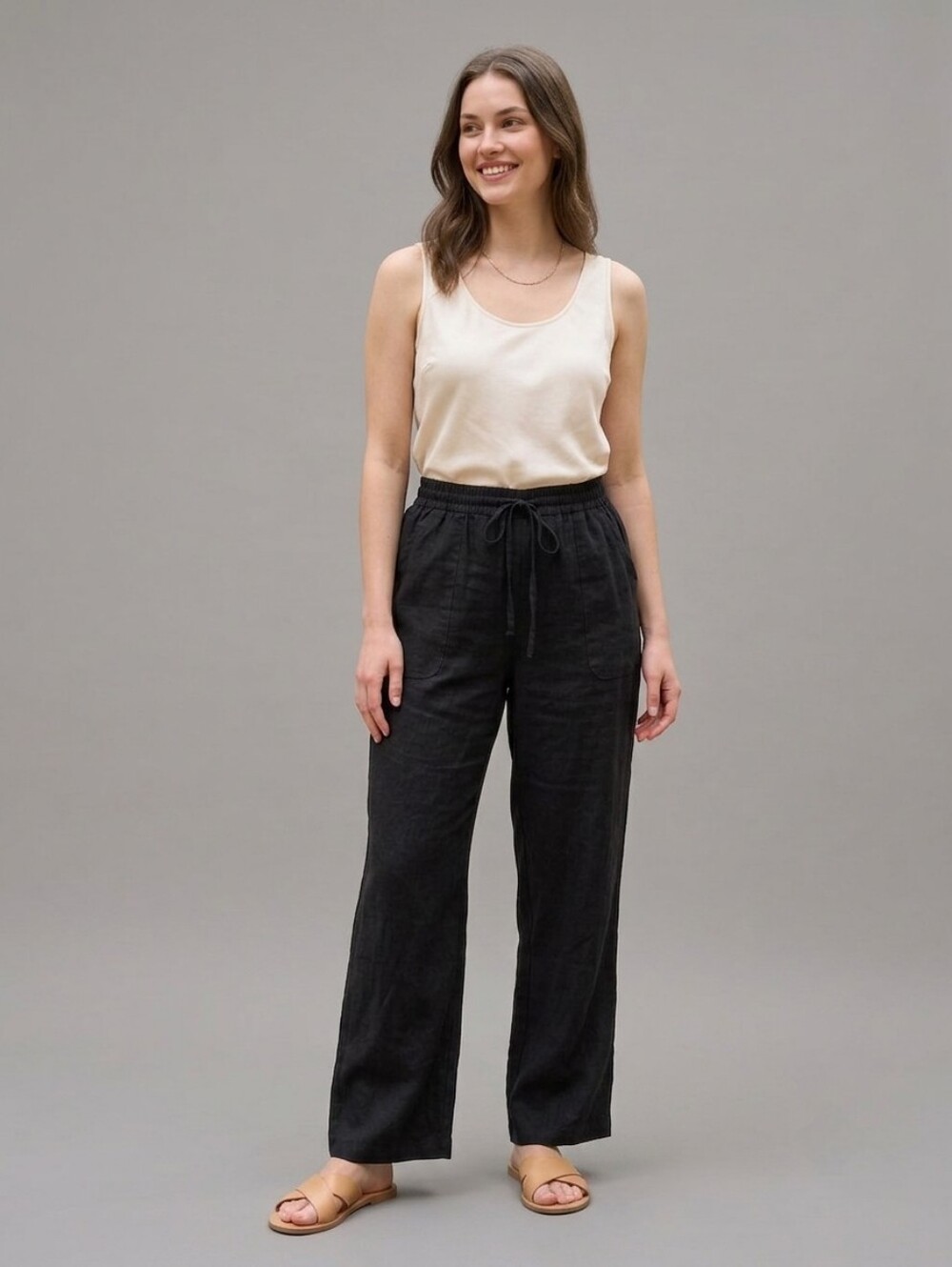 Allen Allen Black Pants 100% Linen Wide Leg Boho Coastal Cruise Drawstring Basic